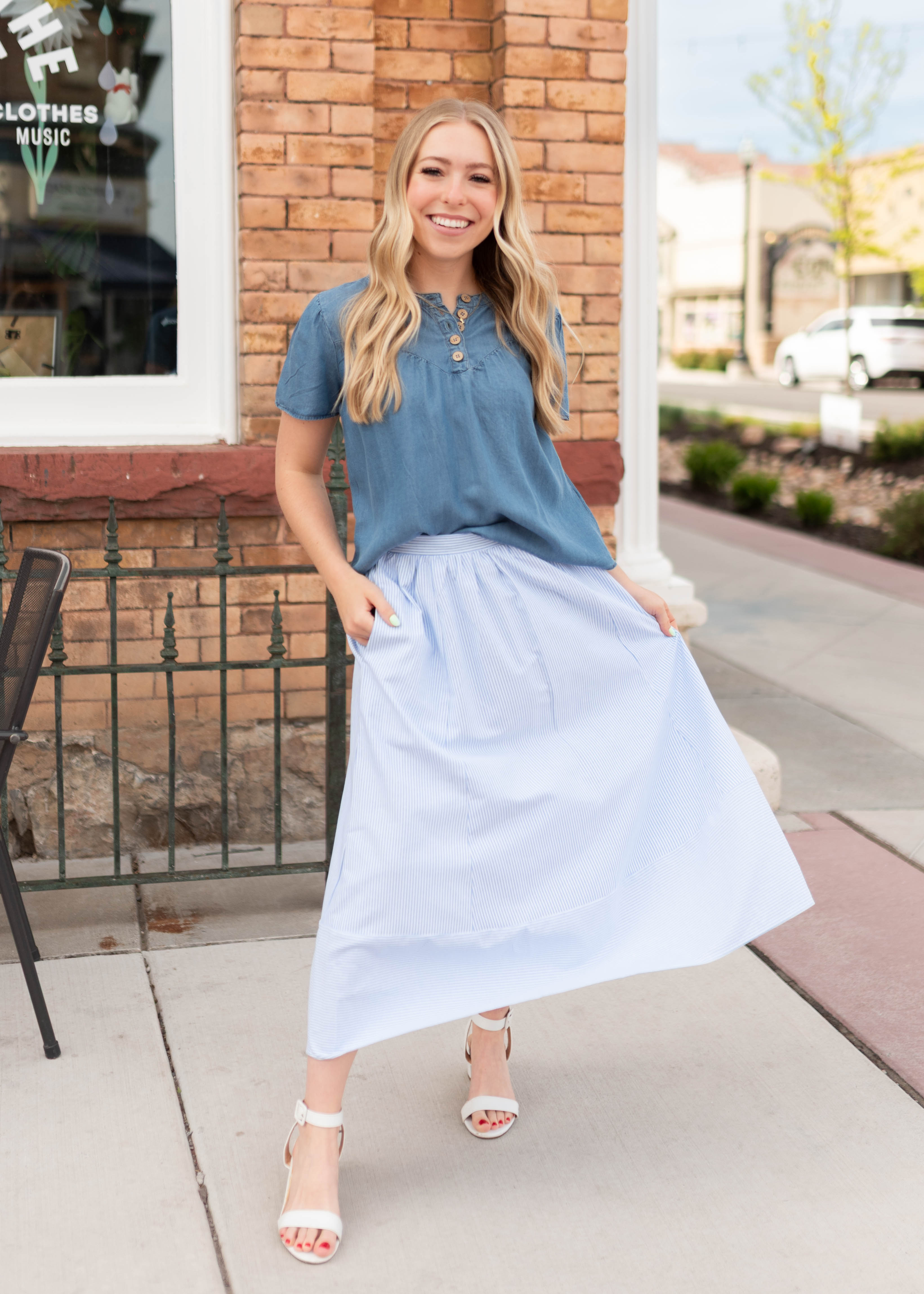 Sienna Blue Striped Midi Skirt