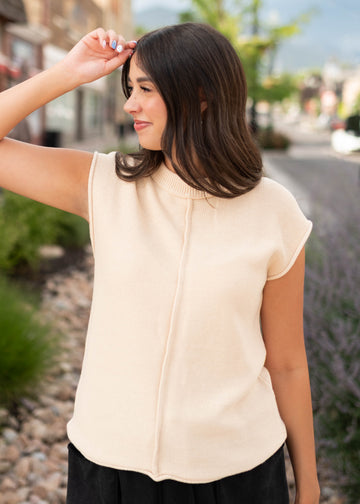 Tara Beige Exposed Seam Sleeveless Sweater