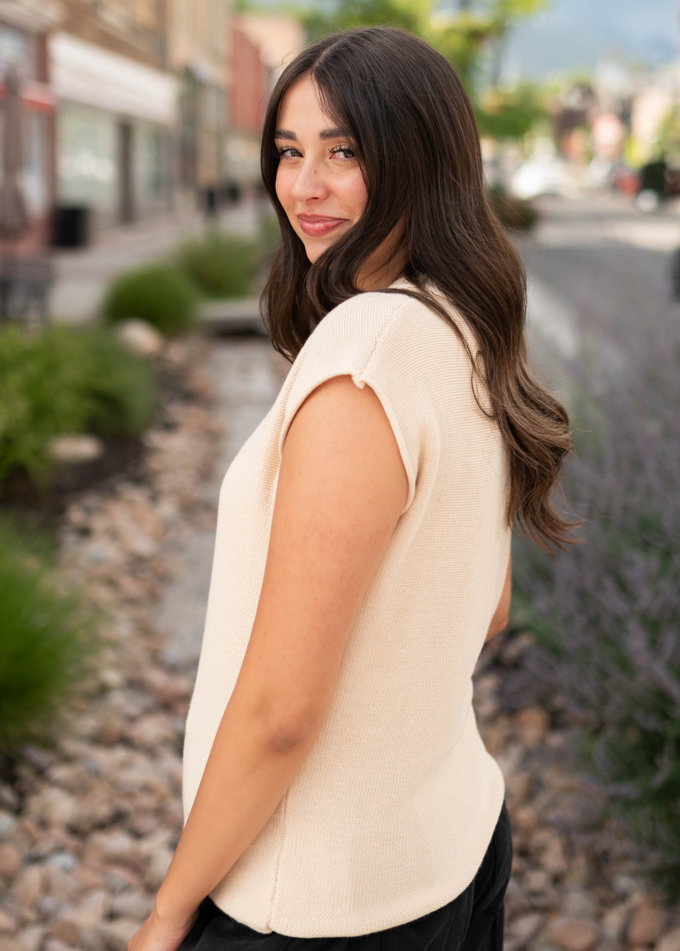 Tara Beige Exposed Seam Sleeveless Sweater