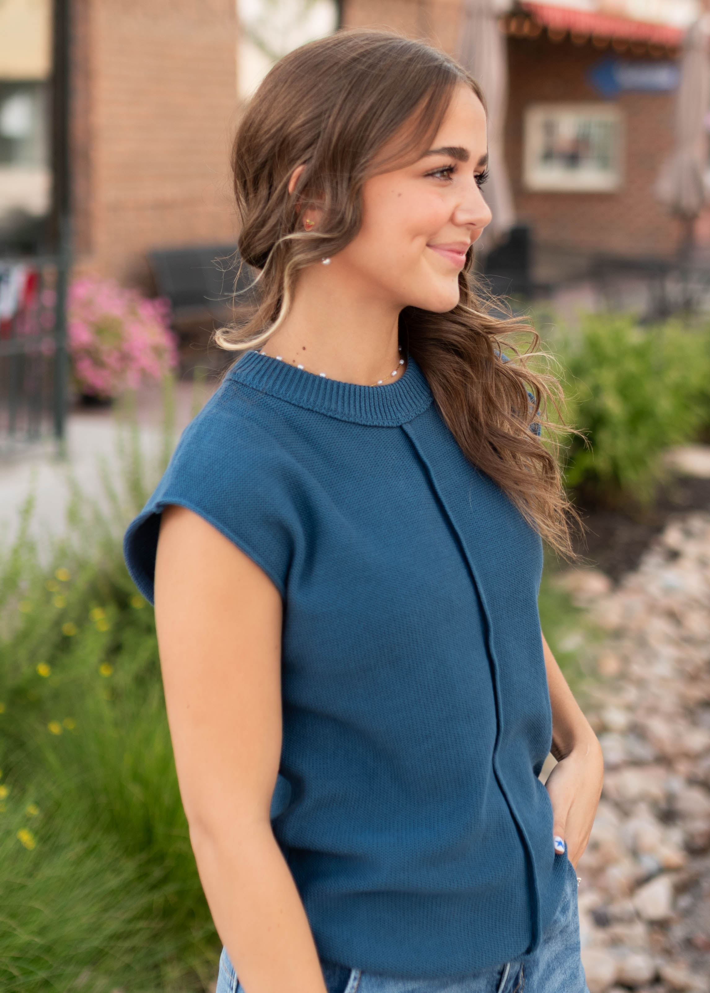 Tara Navy Exposed Seam Sleeveless Sweater