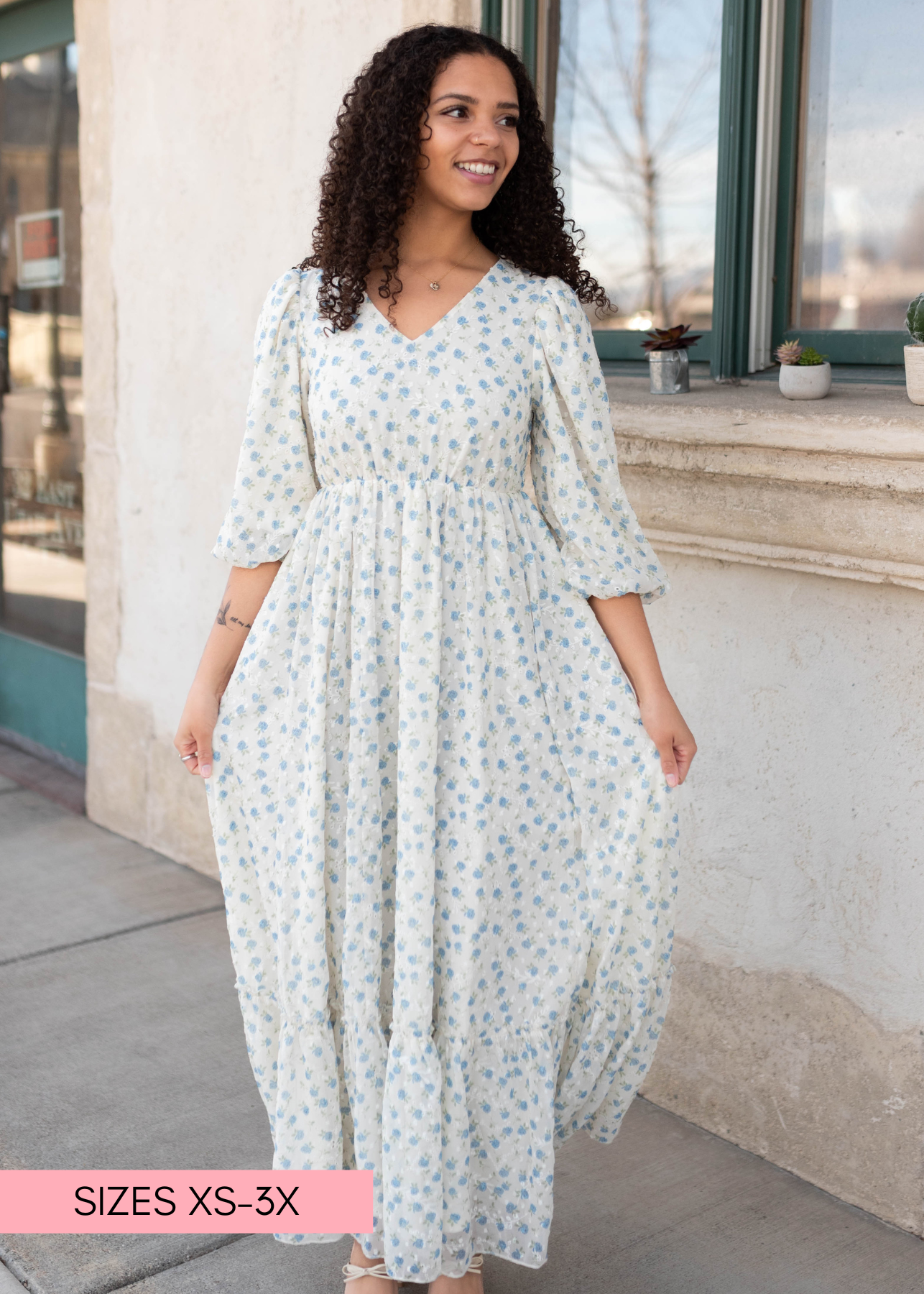 Kaitlyn Ivory Blue Floral Dress